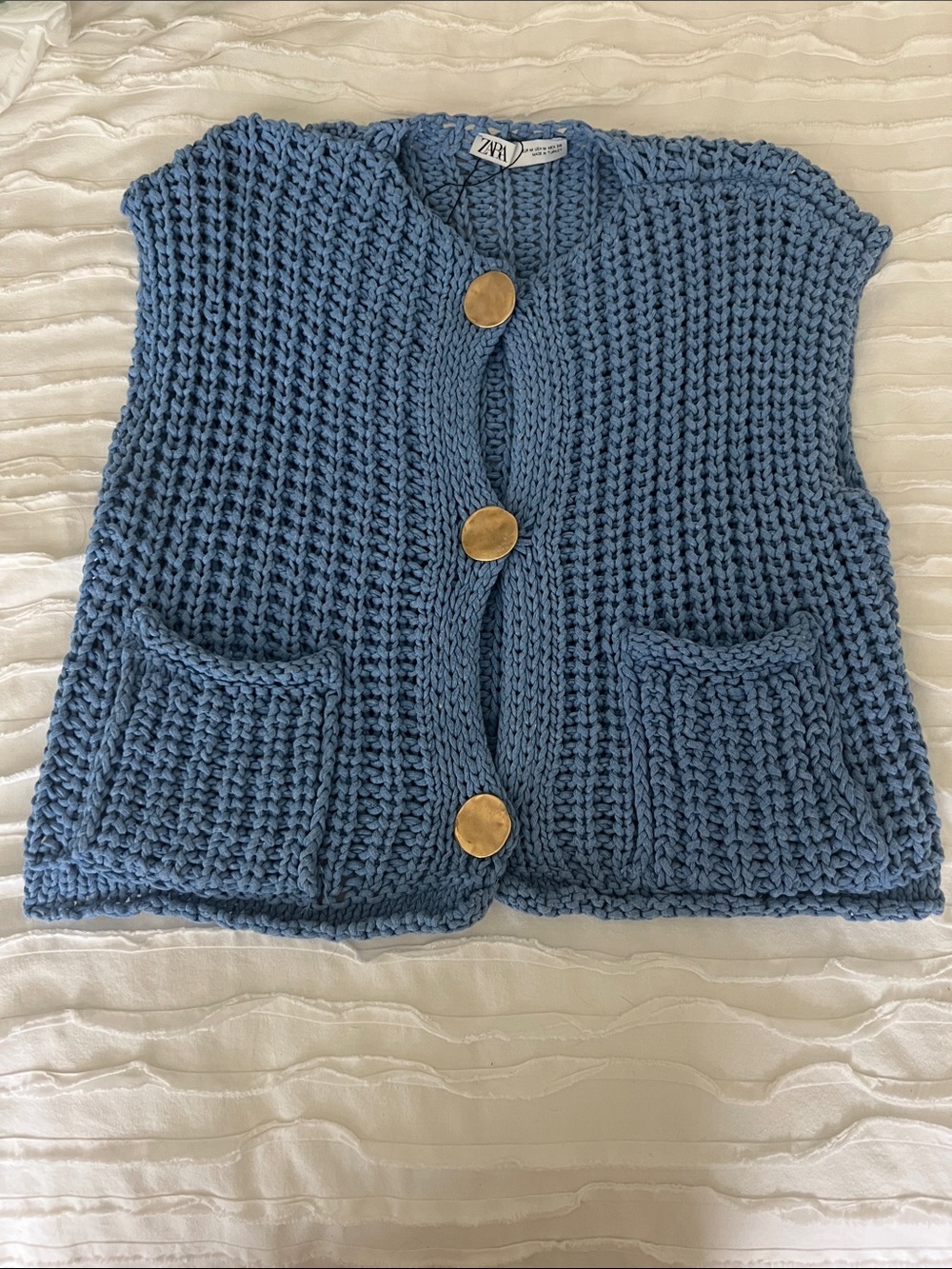 Zara Chunky Knit Vest in Dusty Blue with Gold Buttons